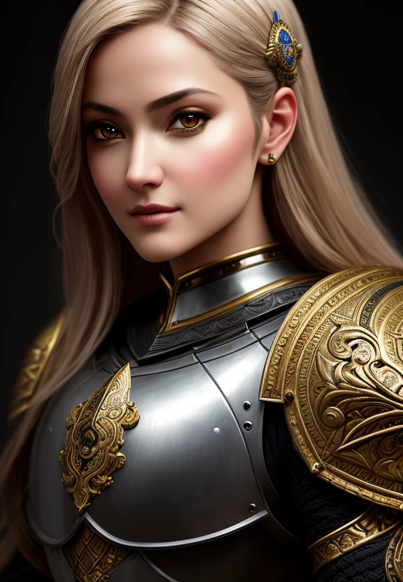 female knight, heavy armor, intricate, ornate, medium portrait, photorealistic, eyes, (pixarstyle:1.2), illustrated by Helene Knoop, pupils, hypermaximalised, face, detailed skin, beautiful, good anatomy, detailed and intricate, centered, skin pores, subsurface scattering, masterpiece, best quality, sharp focus, absurdres,