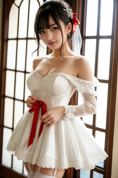 1girl,red ribbon outfit,short dress,bare shoulders,off shoulder,center opening,detached sleeves,garter straps,cross-laced clothes,see-through,wedding dresses,window,
<lora:red ribbon outfit_v1+:0.7>