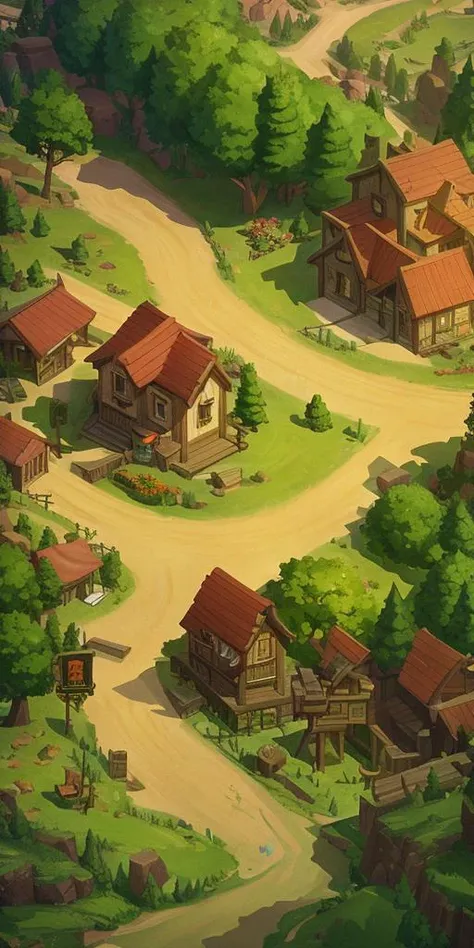 concept art, top-down terrain, game scene, landscape, sign, outdoor, stairs, house, tree, building, chimney, door, bridge, grass, no_humans, road, flag, from_above, ladder, town, road<lora:dibian:0.8>,