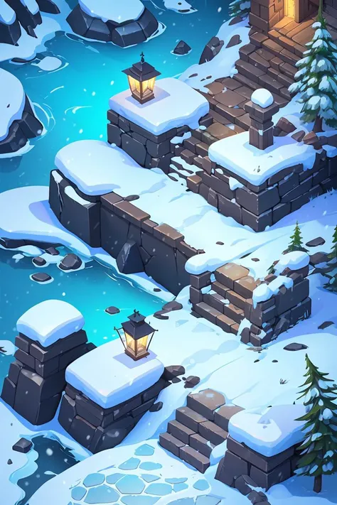 isometric Concept art,top-down terrain,game scenes,no_humans,water,outdoor,glow,snow,rock,from_above,landscape,lantern,stairs,stone,slate road in the middle,land surface,<lora:dibian:0.6>,game scene mood map,