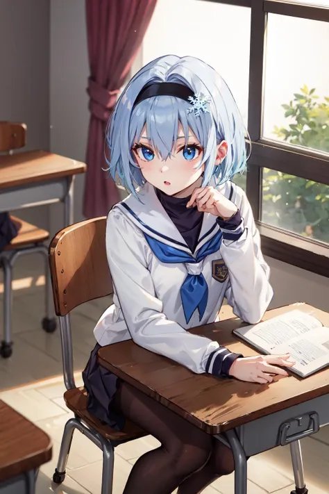 Anime girl sitting at a desk with a book in her hand - SeaArt AI