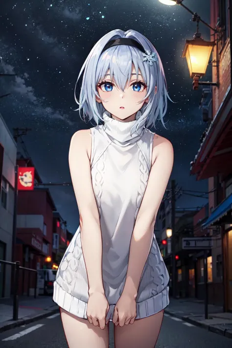 masterpiece,best quality,highres,ultra-detailed,aaginko,short hair,bangs,hair between eyes,black hairband,snowflake hair ornament,black choker,<lora:sora_ginko:0.7>,night,street,standing,sweater dress,(turtleneck:1.2),(sleeveless:1.2),