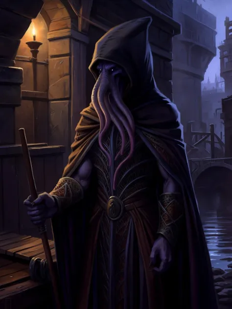 mind flayer, hi res, alien, anthro, solo, detailed background, water, sewer, wooden boat, dnd, medieval, (hood), fully clothed, cloak, brown cloak, the emperor,
<lora:the_emperor_v1:1> by kenket, chunie