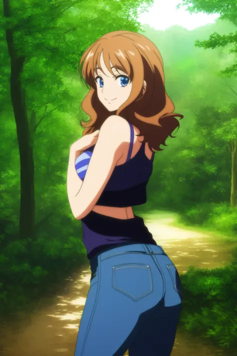 masterpiece, forest, trees, path, 1girl, from behind, looking back, smile, brown hair, blue eyes, detailed face, anime coloring, jeans, blue top, visible bra