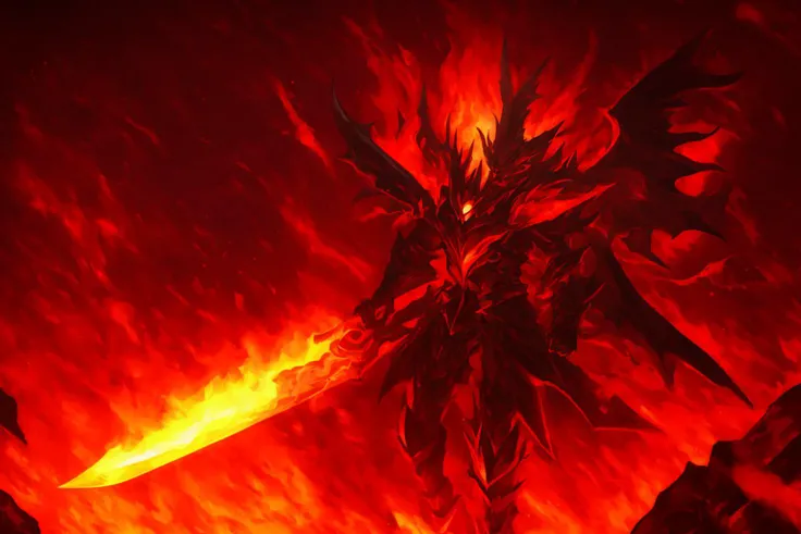 abyss, fire, black red theme, demon lord, holding gigantic fire sword, armor