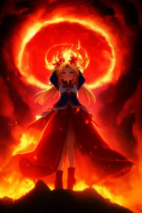 masterpiece, 1girl, magical girl, aura, glowing, casting, fire spell, red theme