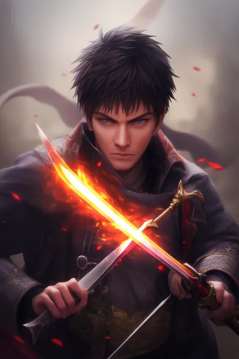 masterpiece, fighting, holding sword, glowing sword, sword fight, detailed face