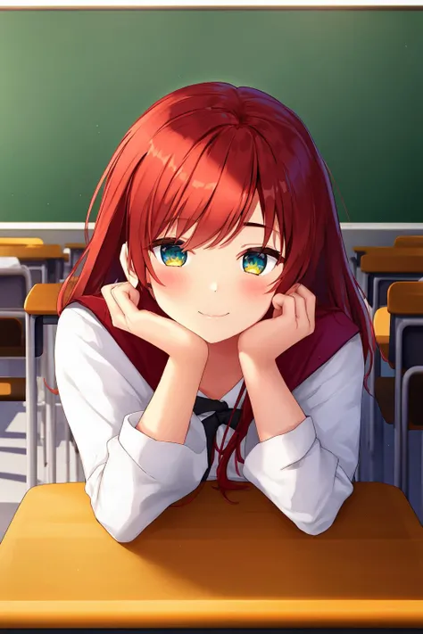 masterpiece, 1girl, red hair, sitting, classroom, head rest