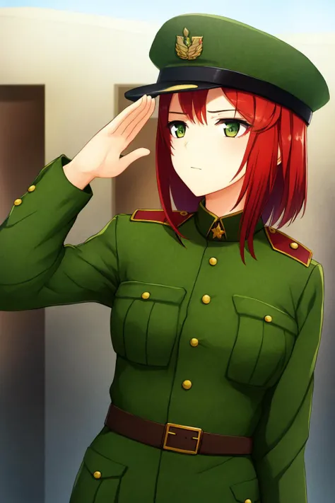 masterpiece, 1girl, green outfit, army uniform, salute, red hair, straight hair, emotionless, barracks