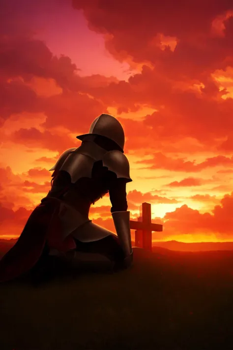 masterpiece, dawn, red sky, kneeling, knight, wood cross,
