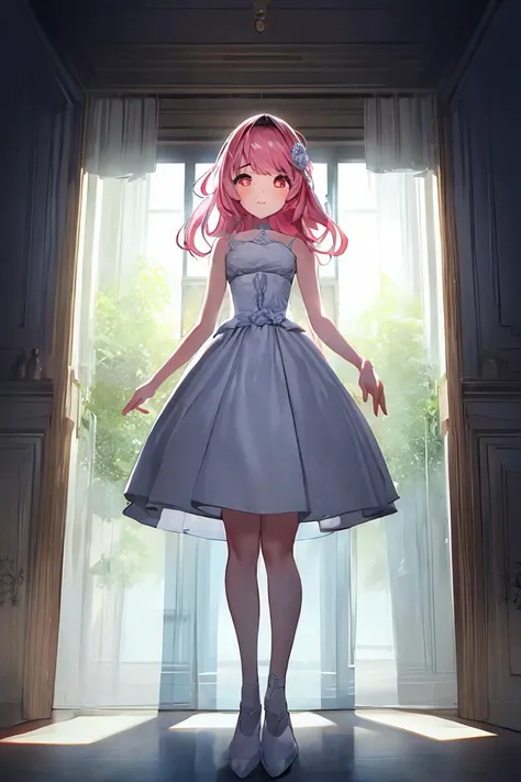 (masterpiece, best quality), 1girl, blue and white frill dress, (white stockings), pink hair, cute face, standing, indoor, intricate detail, sunlight,