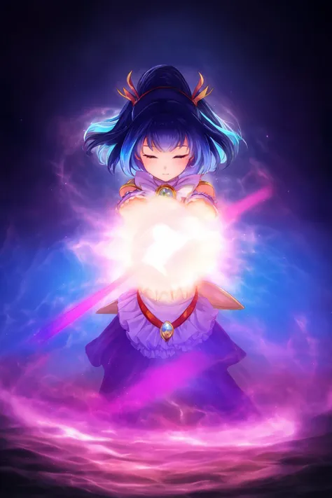 masterpiece, 1girl, magical girl, glowing aura, casting, water, hover, water spell, dark sky