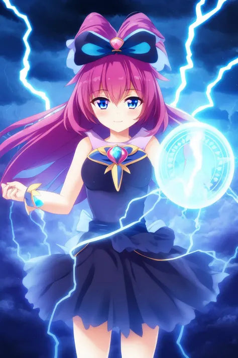 magical girl, 1girl, thunder, lightning, magical circle, blue spell, black dress, dark sky, night