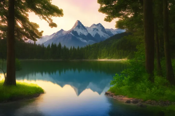 masterpiece, no_human, wallpaper, forest, lake, mountains, realistic lights