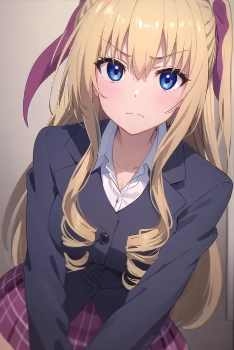 liliciatoudou, <lora:lilicia toudou s2-lora-nochekaiser:1>,
lilicia toudou, long hair, blue eyes, blonde hair, ribbon, hair ribbon, drill hair, angry, frown,
BREAK skirt, school uniform, plaid, plaid skirt, shirt, white shirt, collared shirt, jacket, long sleeves,
BREAK indoors, classroom,
BREAK looking at viewer, (cowboy shot:1.5),
BREAK <lyco:GoodHands-beta2:1>, (masterpiece:1.2), best quality, high resolution, unity 8k wallpaper, (illustration:0.8), (beautiful detailed eyes:1.6), extremely detailed face, perfect lighting, extremely detailed CG, (perfect hands, perfect anatomy),