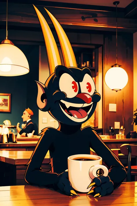 the devil \(cuphead\) ,yellow sclera, red eyes, red nose, demon, horns, claws, black fur, fewer digits, demon tail, looking at viewer, serious, laughing, mouth open, 
inside a cozy cafe, drinking a coffee cup, playful ambiance, extreme detail, masterpiece,  <lora:loracupheaddevilv4:.8>