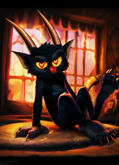 the cute fur sexy devil \(cuphead\) ,yellow sclera, beautiful eyes, red nose, cute demon, cute little horns, claws, black fur, fewer digits, demon tail, looking at viewer, cute, sitting, red ass, he sits with his legs up showing his ass with his paws spread apart sexy pose, extreme detail, masterpiece, <lora:loracupheaddevilv4:0.8> shows paws
cgi, high detail, best quality, HDR, high quality, high-definition, 8k wallpaper, intricate details, Full-HD,detailed lighting, cinematic lighting, detailed fur
<lora:heart_eyes_v1.0:2.75> <lora:sleepy_v100:0.6>