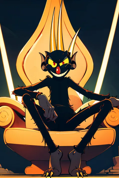 the devil \(cuphead\) ,yellow sclera, red eyes, red nose, demon, horns, claws, black fur, fewer digits, demon tail, looking at viewer, serious, evil grin, 
sitting, on throne, extreme detail, masterpiece,  <lora:loracupheaddevilv4:.8>