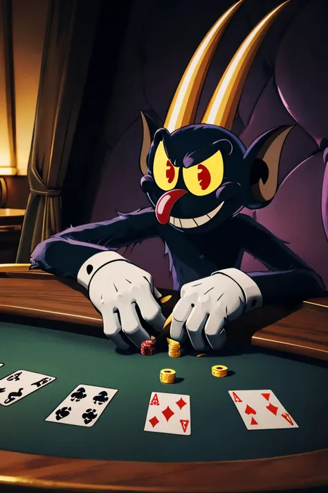 the devil \(cuphead\) ,yellow sclera, red eyes, red nose, demon, horns, claws, black fur, fewer digits, demon tail, looking at viewer, evil grin,
casino, playing blackjack, casino chips on table, extreme detail, masterpiece, <lora:loracupheaddevilv4:.8>