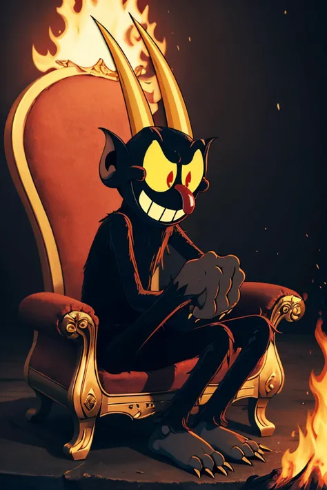 the devil \(cuphead\) ,yellow sclera, red eyes, red nose, demon, horns, claws, black fur, fewer digits, demon tail, looking at viewer, evil grin,sitting, in hell, fire, brimstone, sitting on a gold throne, extreme detail, masterpiece, <lora:loracupheaddevilv4:.8>