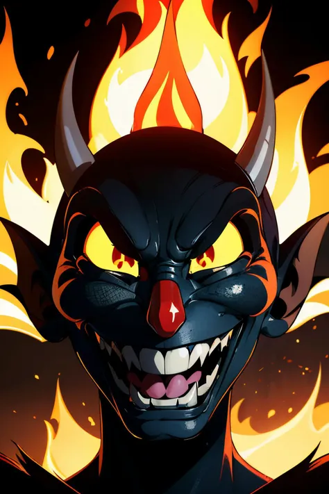 the devil \(cuphead\) ,yellow sclera, red eyes, red nose, demon, horns, black fur, fewer digits, demon tail, claws, sharp teeth, looking at viewer, serious, evil grin, portrait, squinting, 
surrounded by fire, extreme detail, masterpiece,  <lora:loracupheaddevilv4:.8>