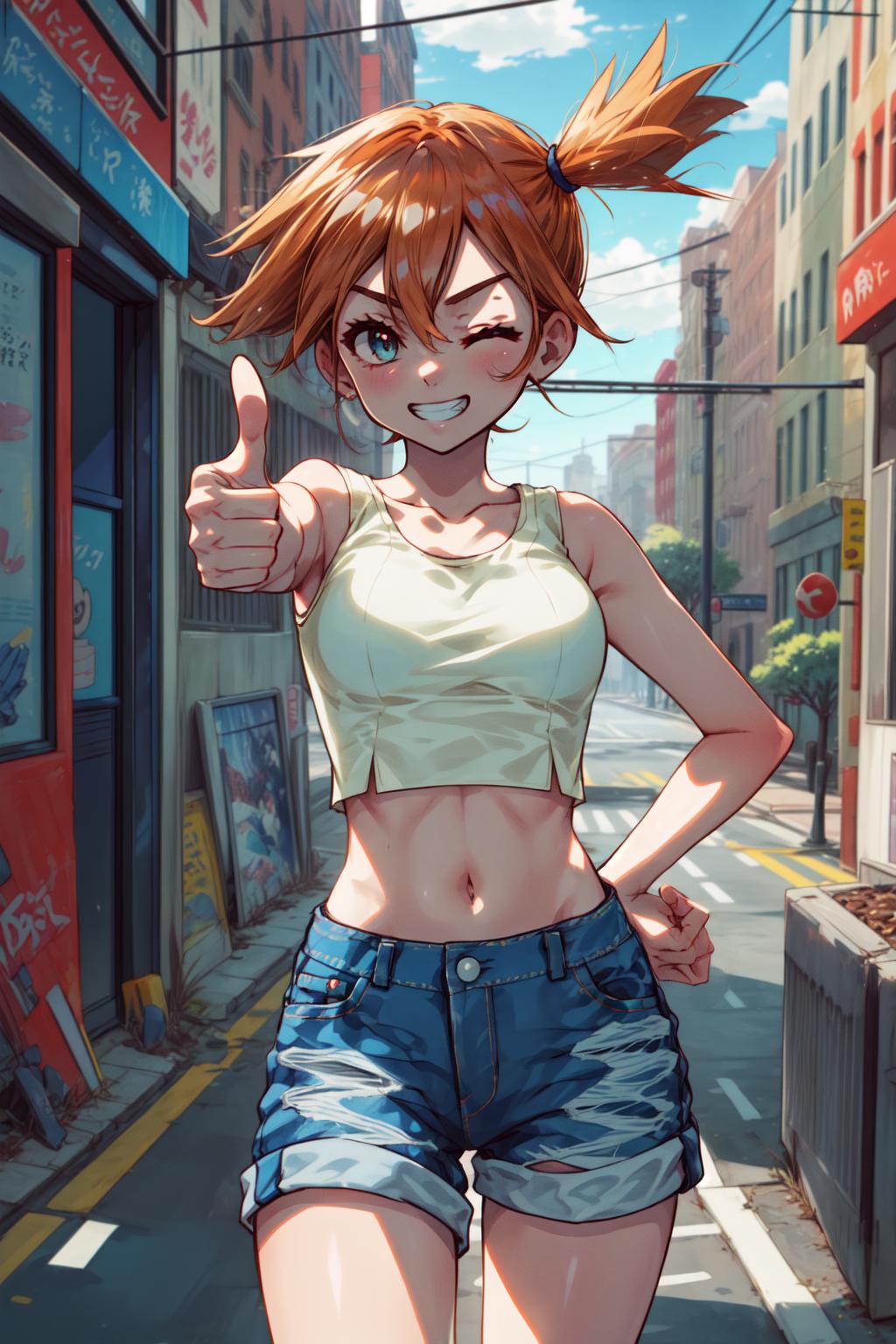 Anime girl with red hair and blue shorts giving a thumbs up - SeaArt AI