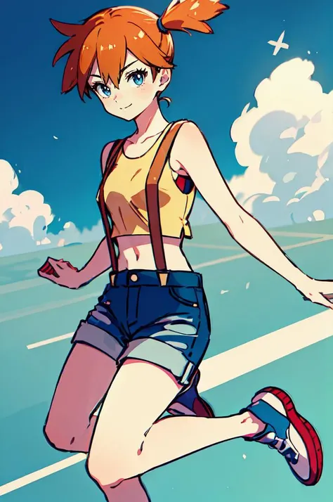 ultra detailed, masterpiece, best quality, solo, soft smile, light smile, <lora:MistyV2:1> misty \(pokemon\), side ponytail, suspenders, sneakers, midriff, denim shorts, yellow tank top