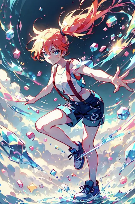 ultra detailed, masterpiece, best quality, solo, soft smile, light smile, <lora:MistyV2:0.9> misty \(pokemon\), side ponytail, suspenders, sneakers, midriff, shorts, tank top
<lora:CandyMagic:1> candymagic , vibrant , sugary aura,