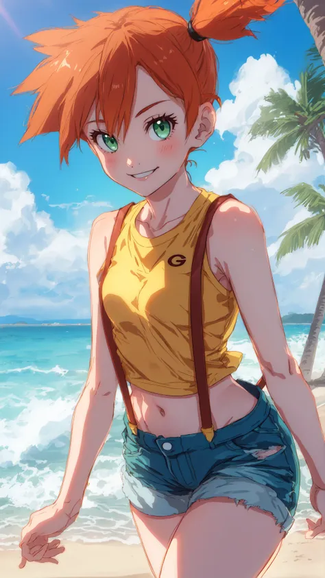 outdoors,ocean,beach,tree,clouds,shore,masterpiece,anime screenshot,1girl,solo,misty,green eyes,orange hair,side ponytail,smiling,yellow shirt,sleeveless shirt,denim shorts,suspenders,midriff,groin,groin tendon,close-up,<lora:MistyV2-0000111:0.8>,misty \(pokemon\),