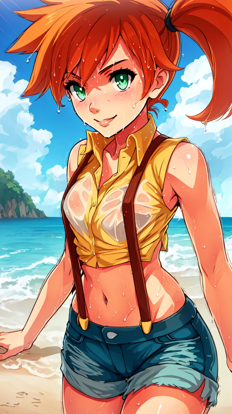 outdoors,ocean,beach,tree,clouds,shore,masterpiece,anime screenshot,1girl,solo,misty,green eyes,orange hair,side ponytail,smiling,yellow shirt,sleeveless shirt,denim shorts,suspenders,midriff,groin,groin tendon,(covered nipples:0.7),wet,wet shirt,close-up,<lora:MistyV2-0000111:0.8>,misty \(pokemon\),
