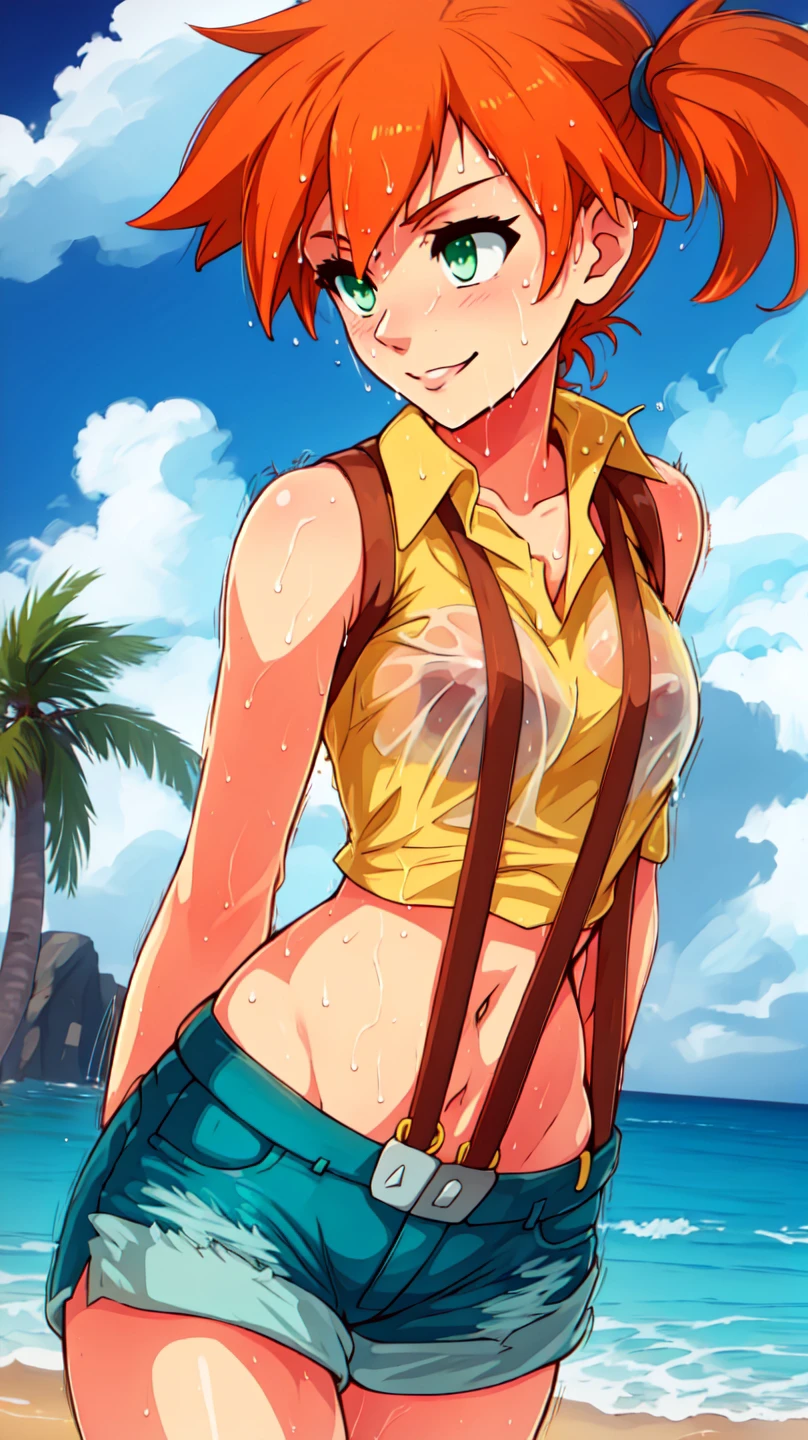 outdoors,ocean,beach,tree,clouds,shore,masterpiece,anime screenshot,1girl,solo,misty,green eyes,orange hair,side ponytail,smiling,yellow shirt,sleeveless shirt,denim shorts,suspenders,midriff,groin,groin tendon,(covered nipples:0.7),wet,wet shirt,close-up,<lora:MistyV2-0000111:0.8>,misty \(pokemon\),