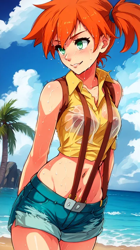 outdoors,ocean,beach,tree,clouds,shore,masterpiece,anime screenshot,1girl,solo,misty,green eyes,orange hair,side ponytail,smiling,yellow shirt,sleeveless shirt,denim shorts,suspenders,midriff,groin,groin tendon,covered nipples,wet,wet shirt,close-up,<lora:MistyV2-0000111:0.8>,misty \(pokemon\),