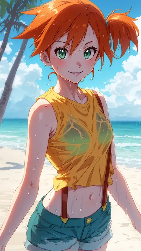 outdoors,ocean,beach,tree,clouds,shore,masterpiece,anime screenshot,1girl,solo,misty,green eyes,orange hair,side ponytail,smiling,yellow shirt,sleeveless shirt,denim shorts,suspenders,midriff,groin,groin tendon,wet,wet shirt,close-up,<lora:MistyV2-0000111:0.8>,misty \(pokemon\),