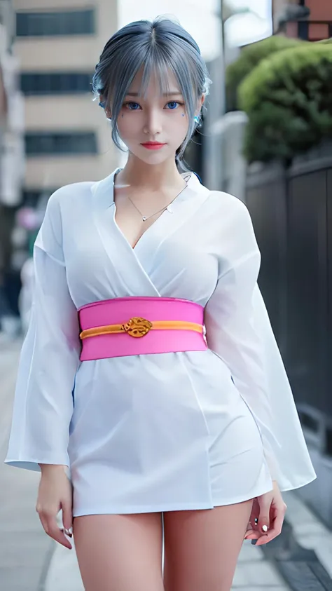 ( light blue glowing eyes:1.3) , pure white smooth skin ,Yukime 1girl ,realistic beautiful face , with soft pale blue hair , sexy white kimono with pink obi tight short skirt ,loo at viewer,(skin blemish:1.2), smirk