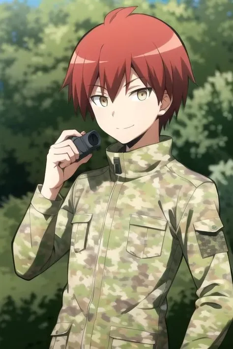 ultra high res, best quality, masterpiece, 1boy, <lora:KarmaAkabaneR4:0.7>,KarmaAkabaneR4, red hair,brown eyes,animal_print, blurry, blurry_background, blurry_foreground, , bush, camouflage, camouflage_jacket, camouflage_pants, cow_print, depth_of_field, forest, jungle, leopard_print, looking_at_viewer, _focus, nature, outdoors, , smile, solo, tree, upper_body