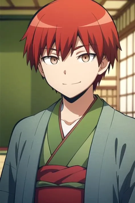 ultra high res, best quality, masterpiece, 1boy, <lora:KarmaAkabaneR4:0.7>,KarmaAkabaneR4, red hair,brown eyes, blurry, , depth_of_field, eyebrows_visible_through_hair, indoors, japanese_clothes, kimono, looking_at_viewer, _focus, , shouji, sliding_doors, smile, solo, tatami, upper_body