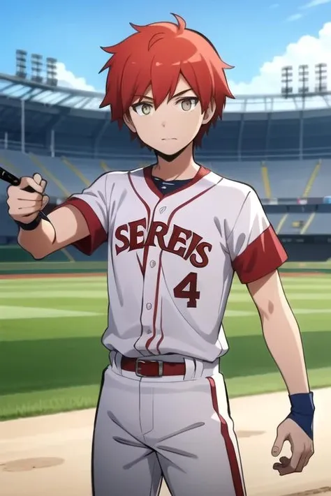 ultra high res, best quality, masterpiece, 1boy, <lora:KarmaAkabaneR4:0.7>,KarmaAkabaneR4, red hair,brown eyes, baseball unifrom, stadium