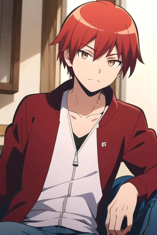 ultra high res, best quality, masterpiece, 1boy, <lora:KarmaAkabaneR4:0.7>,KarmaAkabaneR4, red hair,brown eyes, jeans, red jacket, white shirt, open jacket