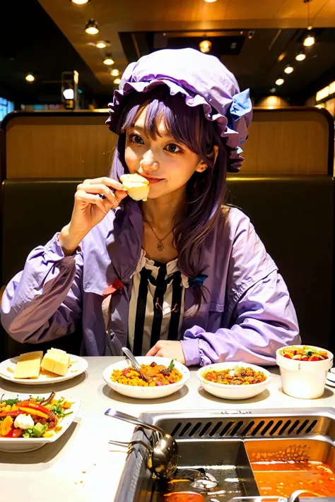 masterpiece, best quality, <lora:hdl:0.7>, <lora:patchouli:1>, 1girl,patchouli knowledge,hat ornament,mob cap,purple hair,,smile,table,food,eating,restaurant