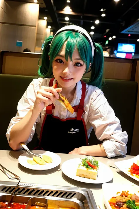 masterpiece, best quality, <lora:hdl:0.8>,pov, 1girl,long hair,hatsune miku,headgear,green hair,twintails,apron,smile,table,food,eating,restaurant