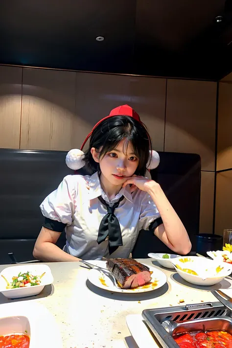 masterpiece, best quality, <lora:hdl:1>, <lora:shameimaru:1>,1girl,shameimaru aya,black hair,hat,white shirt,short sleeves,pov,wings, food, realistic, indoors,hatsune miku, sitting, head rest, plate, fruit, closed mouth, spoon, nose, knife, upper body, pasta, meat, fork