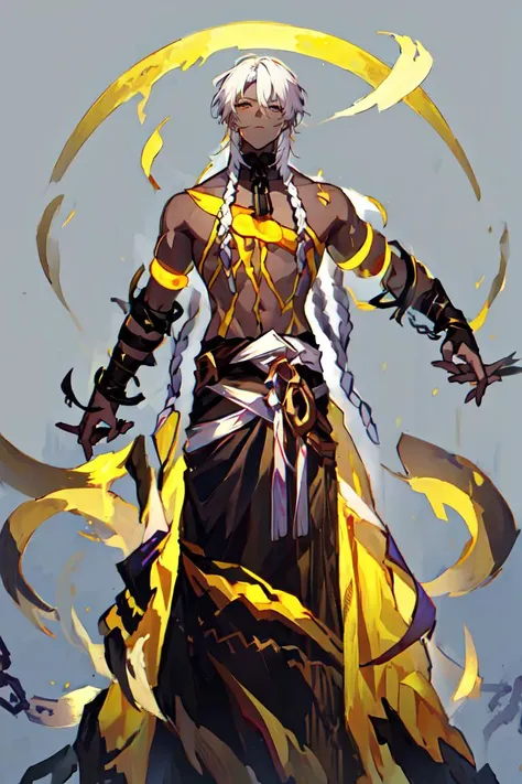 absurdres, masterpiece, best quality, 1boy, nanook, solo, male focus, white hair, braid, highly detailed, dark skin, highly detailed, (simple background), full body, ((detached_arm)), chain, ring, scar