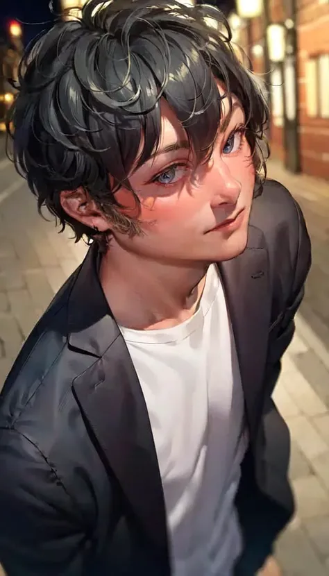 masterpiece, best quality, (mil3i:1) in the street with a black suit and white tshirt, very detailed face, high quality, in the night, 8k, <lora:MILEI:1>, ((detailed face)), ultra detail, ((extremely detailed face)), posing