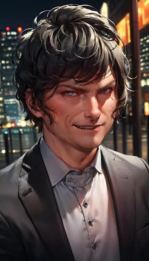 masterpiece, best quality, portrait of sks man (mil3i:1) in the street with a black suit and white tshirt, very detailed face, high quality, in the night, 8k, <lora:MILEI:1>, ((detailed face)), ultra detail, ((extremely detailed face)), serious face, evil smile,