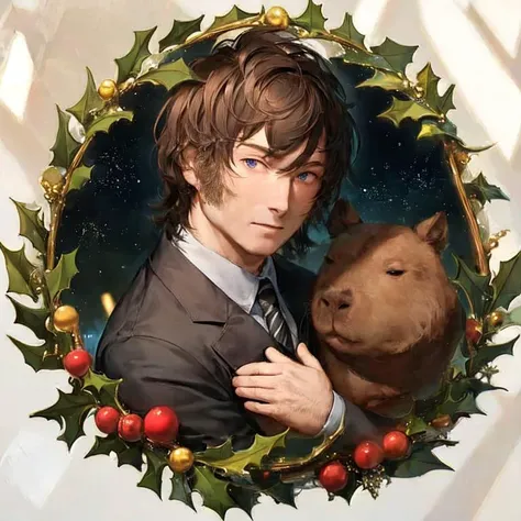 portrait of sks man <lora:mil3i:1>,1guy, with a capybara, ((circle)), white background,messy hair, inside christmas wreath,(bust)
<lora:capi:0.8>