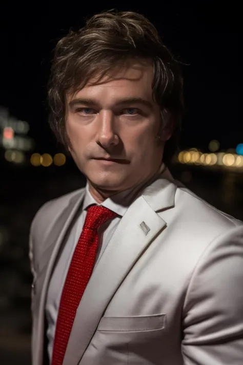 portrait of sks man (mil3i:1) in the street with a white suit and red tshirt, very detailed face, high quality, in the night, 8k <lora:mil3i:1>
