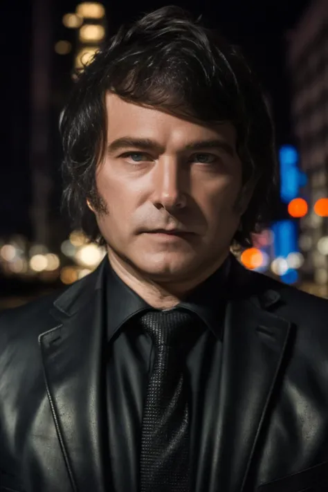 portrait of sks man (mil3i:1) in the street with a black leather suit, very detailed face, high quality, in the night, 8k <lora:mil3i:1>