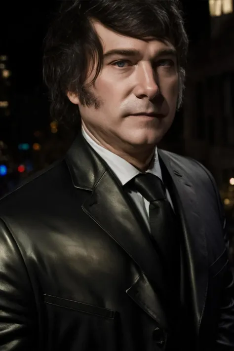 portrait of sks man (mil3i:1) in the street with a black leather suit, very detailed face, high quality, in the night, 8k <lora:mil3i:1>