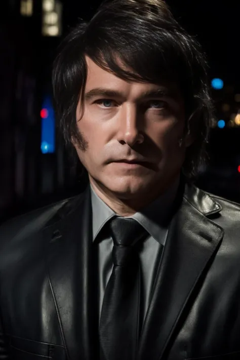 portrait of sks man (mil3i:1) in the street with a black leather suit, very detailed face, high quality, in the night, 8k <lora:mil3i:1>