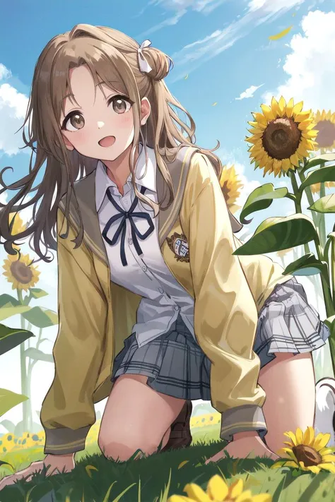 masterpiece, best quality, highres, hmhinana, long hair, single side bun, hair ribbon, neck ribbon, school uniform, white shirt, yellow cardigan, open clothes, long sleeves, plaid skirt, grey skirt, pleated skirt, <lora:ichikawa_hinana_v1:0.7>,kneeling down, from below, looking at viewer, outdoors, grass, sunflower, happy,